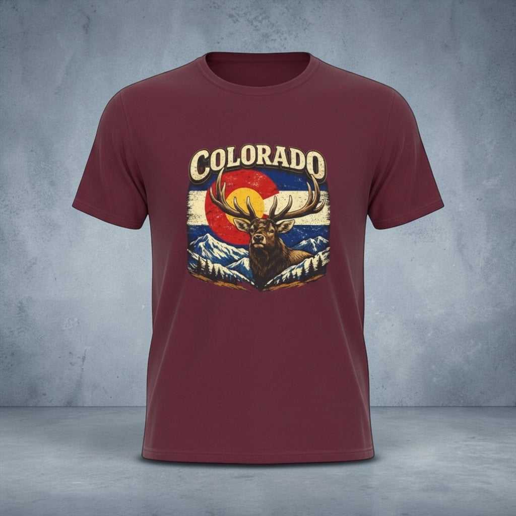 Colorado Elk Retro Graphic Tee by Big Sky Ranch Co., featuring a vintage-style elk graphic on a comfortable T-shirt.