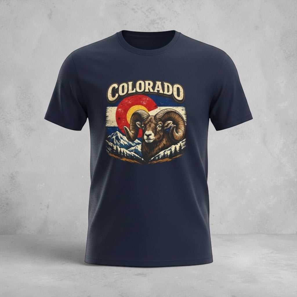 Colorful Colorado Bighorn Ram T-shirt by Big Sky Ranch Co. featuring a mountain sunset design on a casual cotton tee.