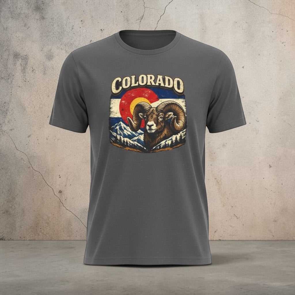 Colorado Bighorn Ram T-Shirt by Big Sky Ranch Co. featuring a retro mountain sunset design on a casual tee.