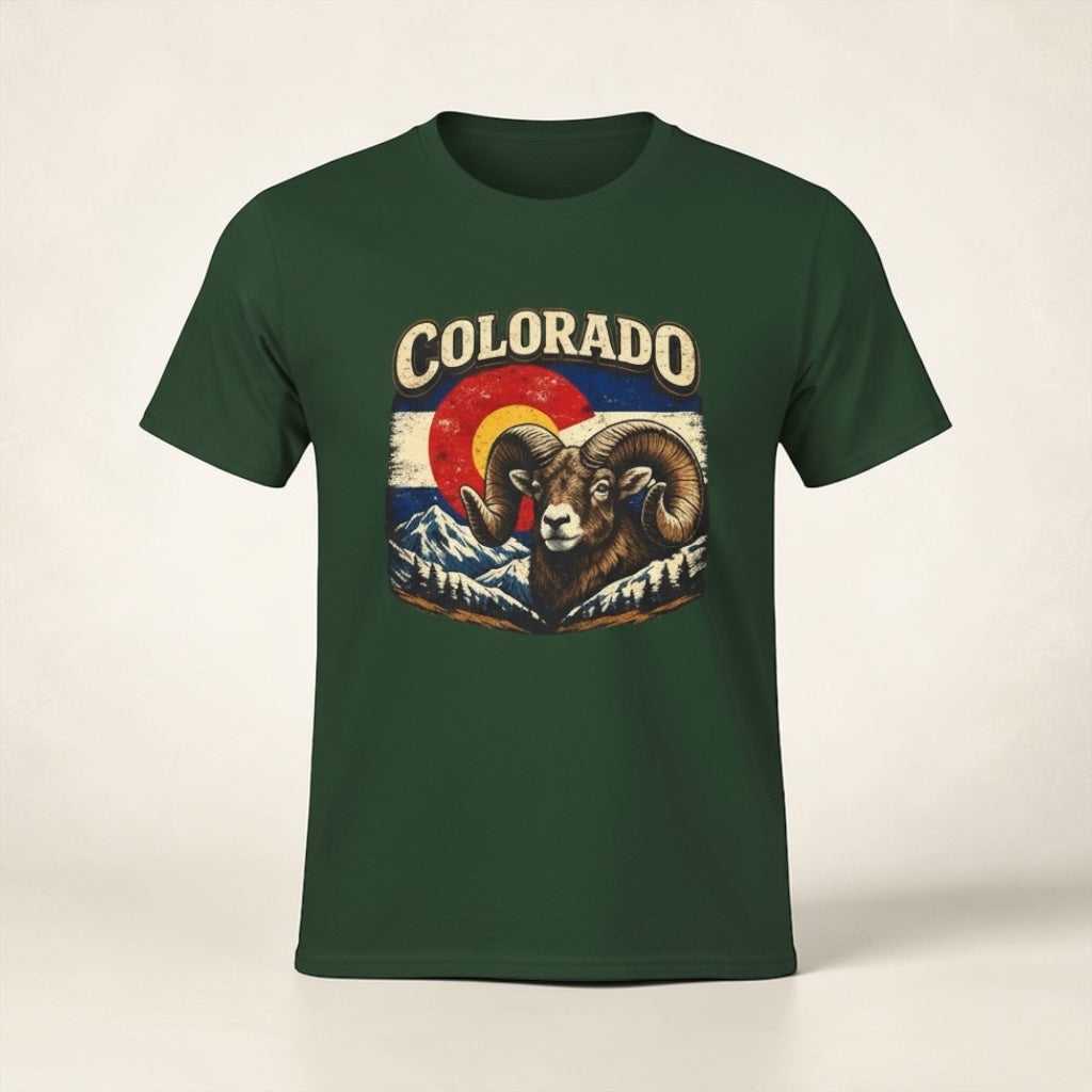 Colorado Bighorn Ram T-Shirt by Big Sky Ranch Co. features a retro mountain sunset design on a comfortable cotton tee.