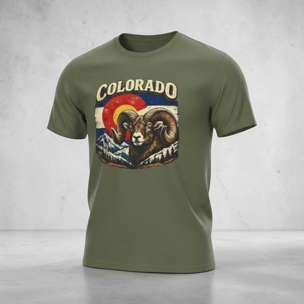 Colorado Bighorn Ram T-Shirt by Big Sky Ranch Co. featuring a retro mountain sunset design on a casual tee.