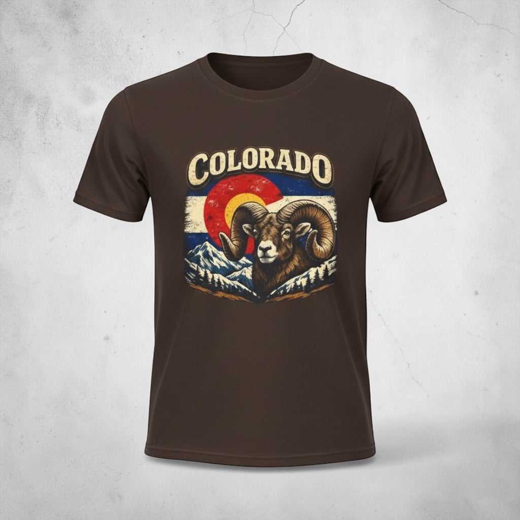 Colorado Bighorn Ram T-Shirt by Big Sky Ranch Co. featuring a retro mountain sunset design on a casual tee.