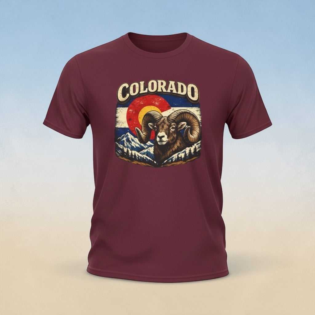 Colorado Bighorn Ram T-Shirt by Big Sky Ranch Co., featuring a retro mountain sunset design on a casual tee.