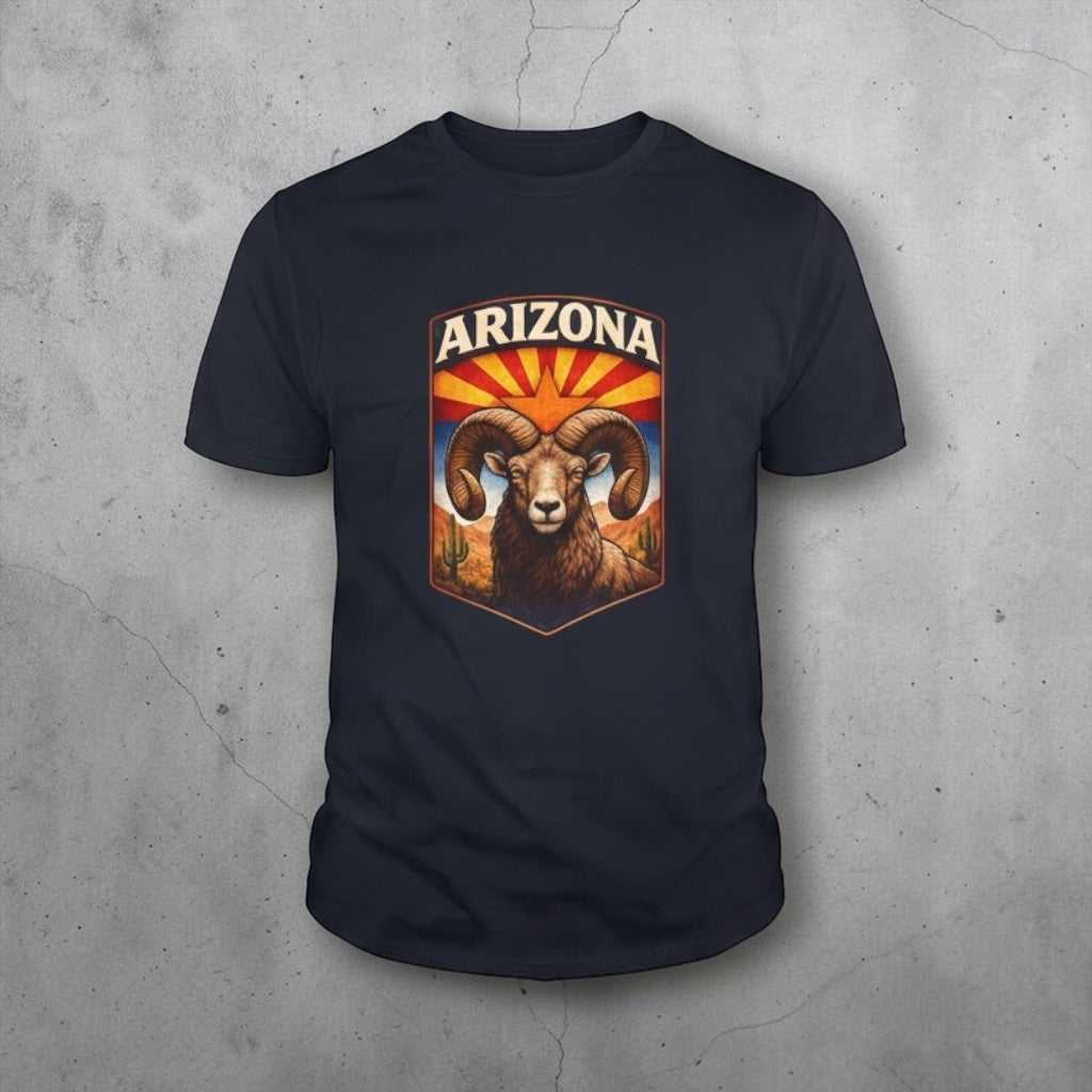 Big Sky Ranch Co. Arizona Bighorn Ram T-Shirt featuring a vintage desert sunrise design, showcasing state pride and wildlife art.