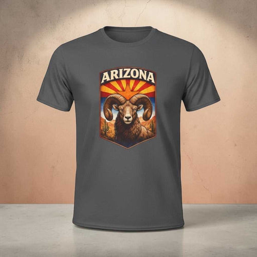 Arizona Bighorn Ram T-shirt by Big Sky Ranch Co., vintage desert sunrise design featuring a bold bighorn ram illustration.