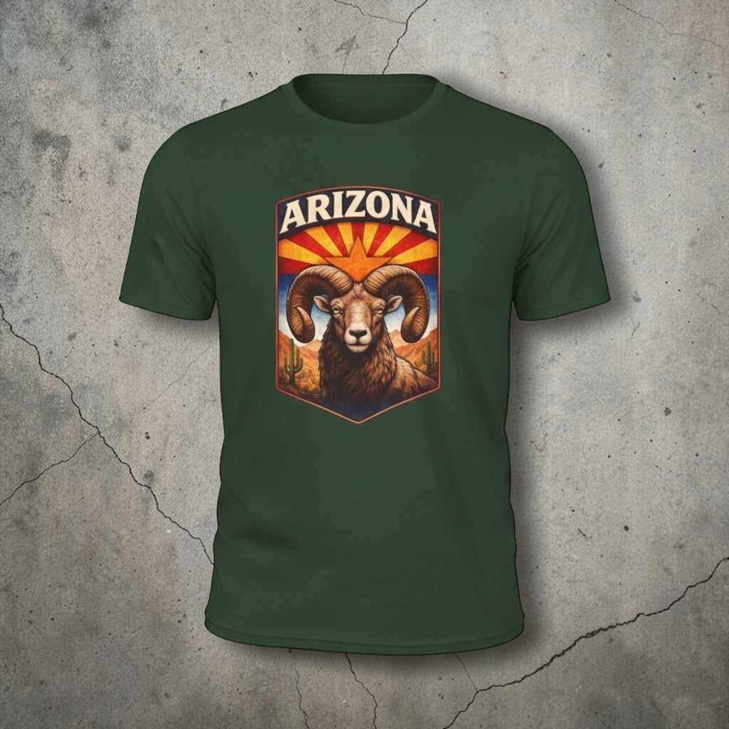 Arizona Bighorn Ram T-Shirt by Big Sky Ranch Co., vintage desert sunrise design, showcasing desert landscape and bighorn ram.