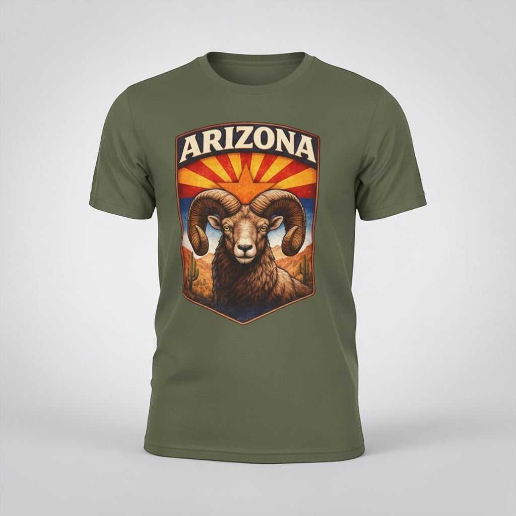 Arizona Bighorn Ram T-shirt by Big Sky Ranch Co. featuring a vintage desert sunrise and desert landscape design.