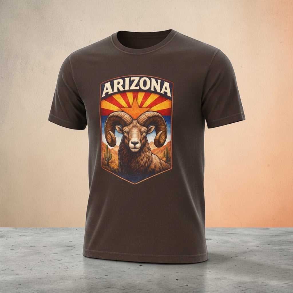 Arizona Bighorn Ram T-Shirt by Big Sky Ranch Co. featuring a vintage desert sunrise and mountain ram design.