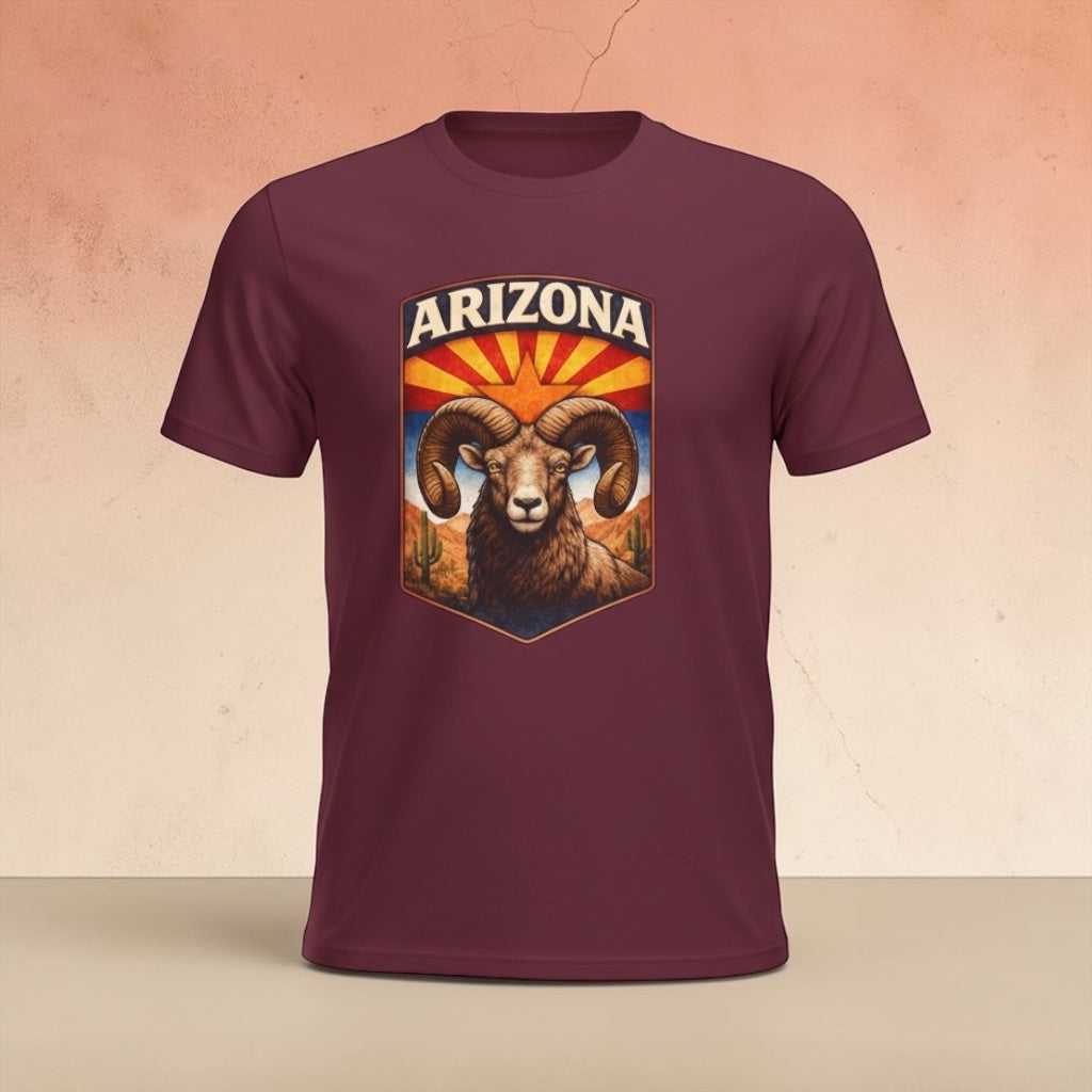 Arizona Bighorn Ram T-shirt by Big Sky Ranch Co. featuring a vintage desert sunrise and desert wildlife design.