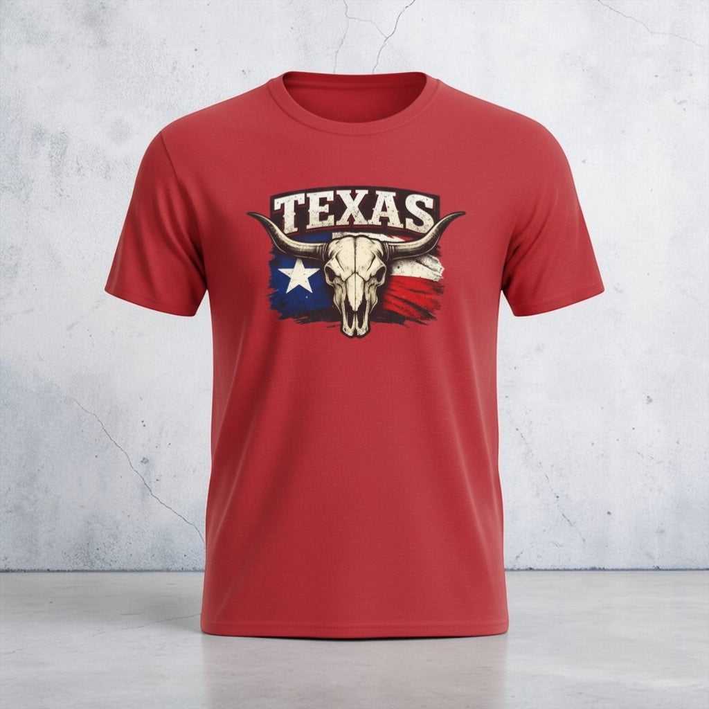 Big Sky Ranch Co. Texas Bull Skull Tee featuring Lone Star flag design, casual western-style T-shirt with bull skull graphic.
