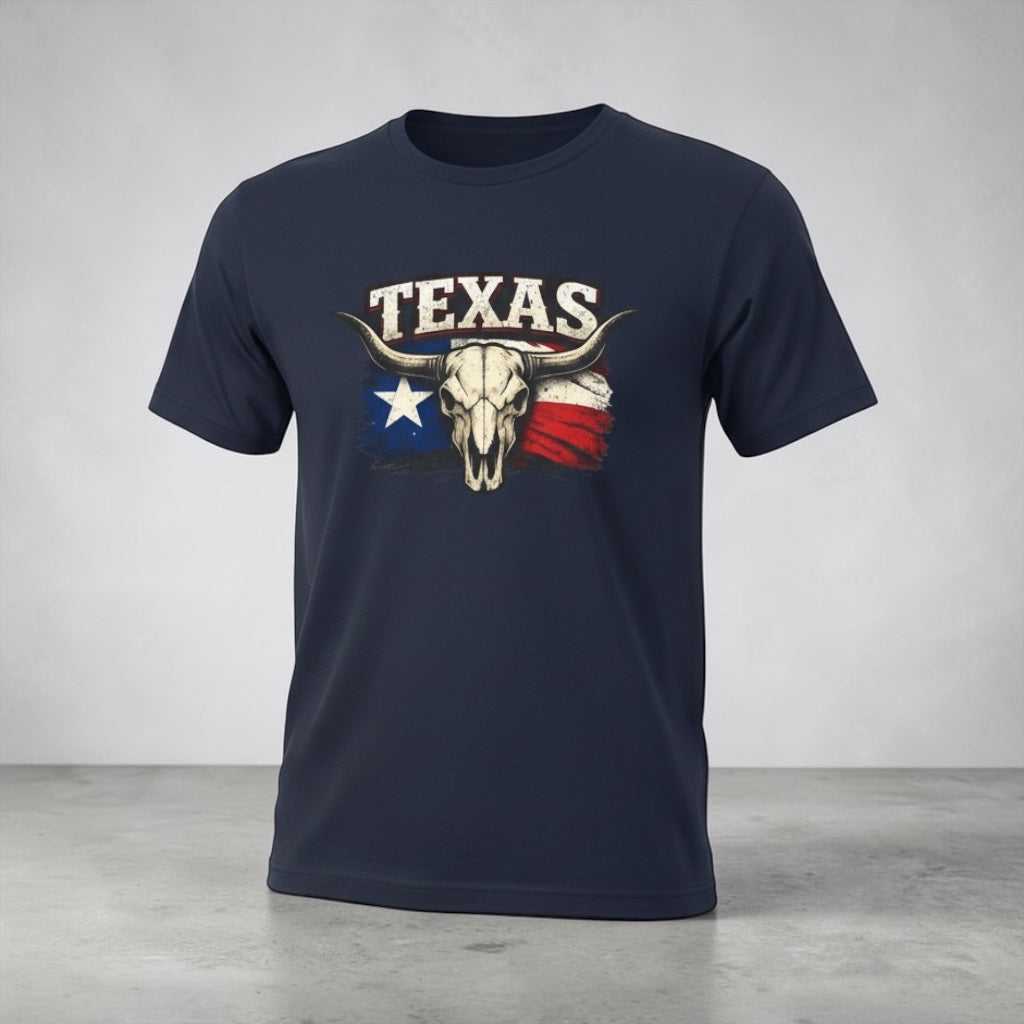 Big Sky Ranch Co. Texas Bull Skull Tee featuring Lone Star flag design, casual western T-shirt with patriotic Texas imagery.