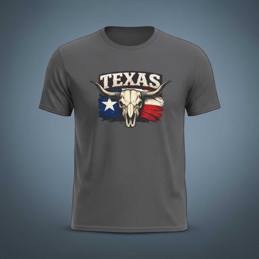 Big Sky Ranch Co. Texas Bull Skull Tee featuring a western design with Lone Star Flag, casual t-shirt for western style.