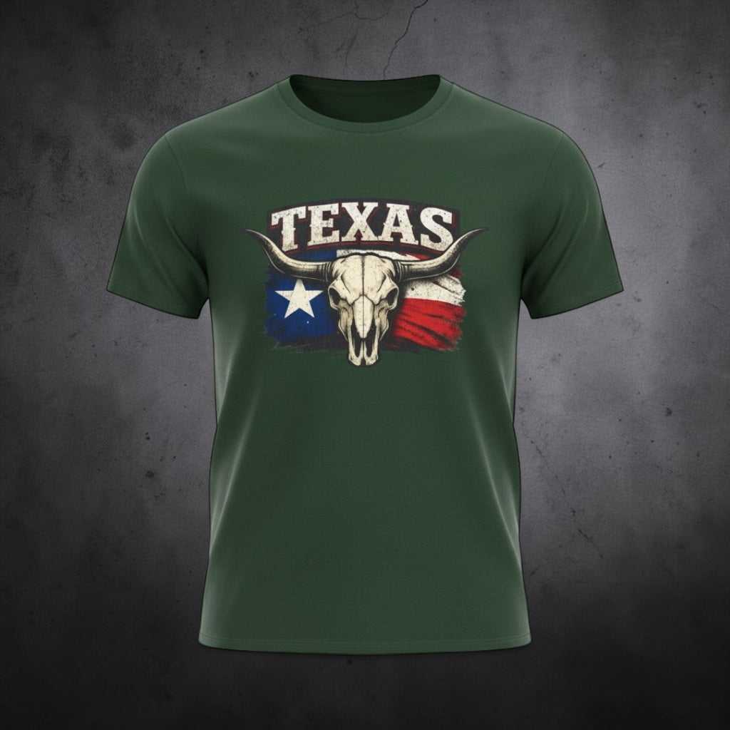 Big Sky Ranch Co. Texas Bull Skull T-Shirt featuring Lone Star flag design, worn by a person in a casual outdoor setting.