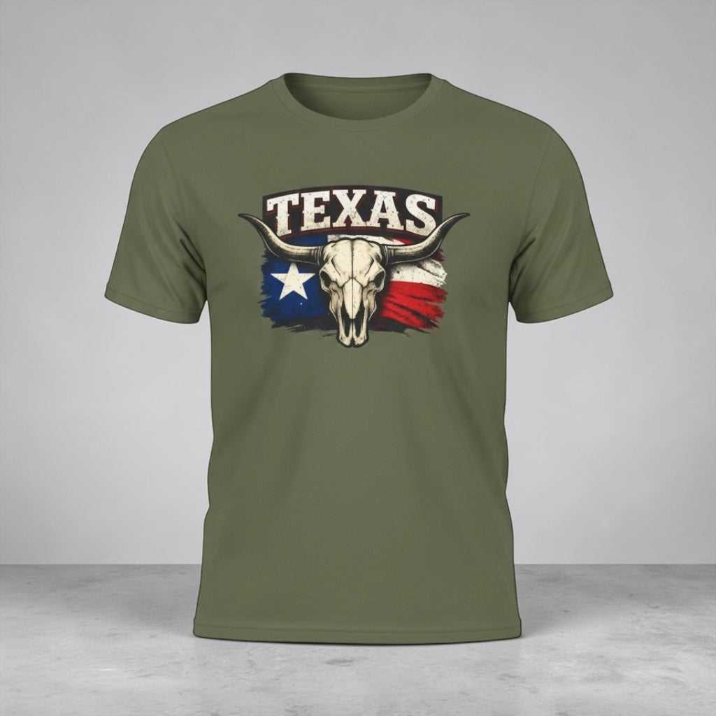 Big Sky Ranch Co. Texas Bull Skull Tee featuring a Western design with Lone Star flag elements on a casual T-shirt.