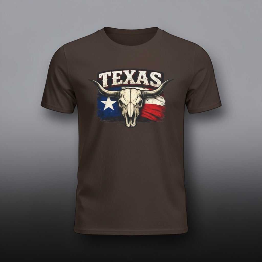 Big Sky Ranch Co. Texas Bull Skull Tee featuring a western design with Lone Star flag, casual T-shirt for southwestern style.