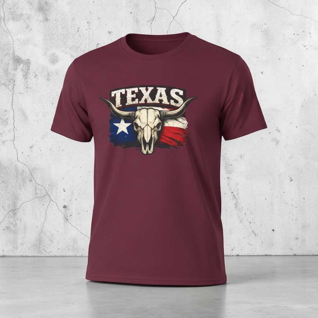 Big Sky Ranch Co. Texas Bull Skull T-Shirt featuring Lone Star Flag design, western style, casual fit, and bold graphic print.
