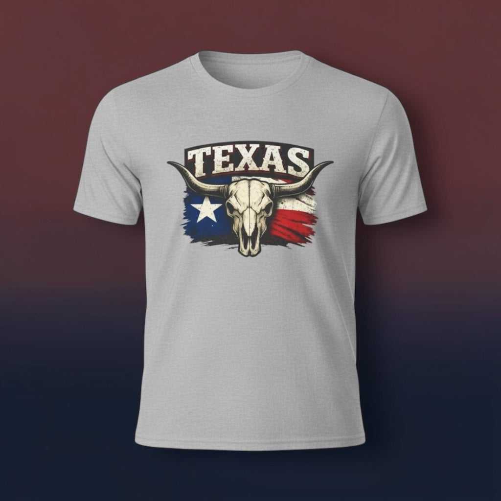 Big Sky Ranch Co. Texas Bull Skull Tee featuring Lone Star Flag design on a Western-style T-shirt over a plain background.