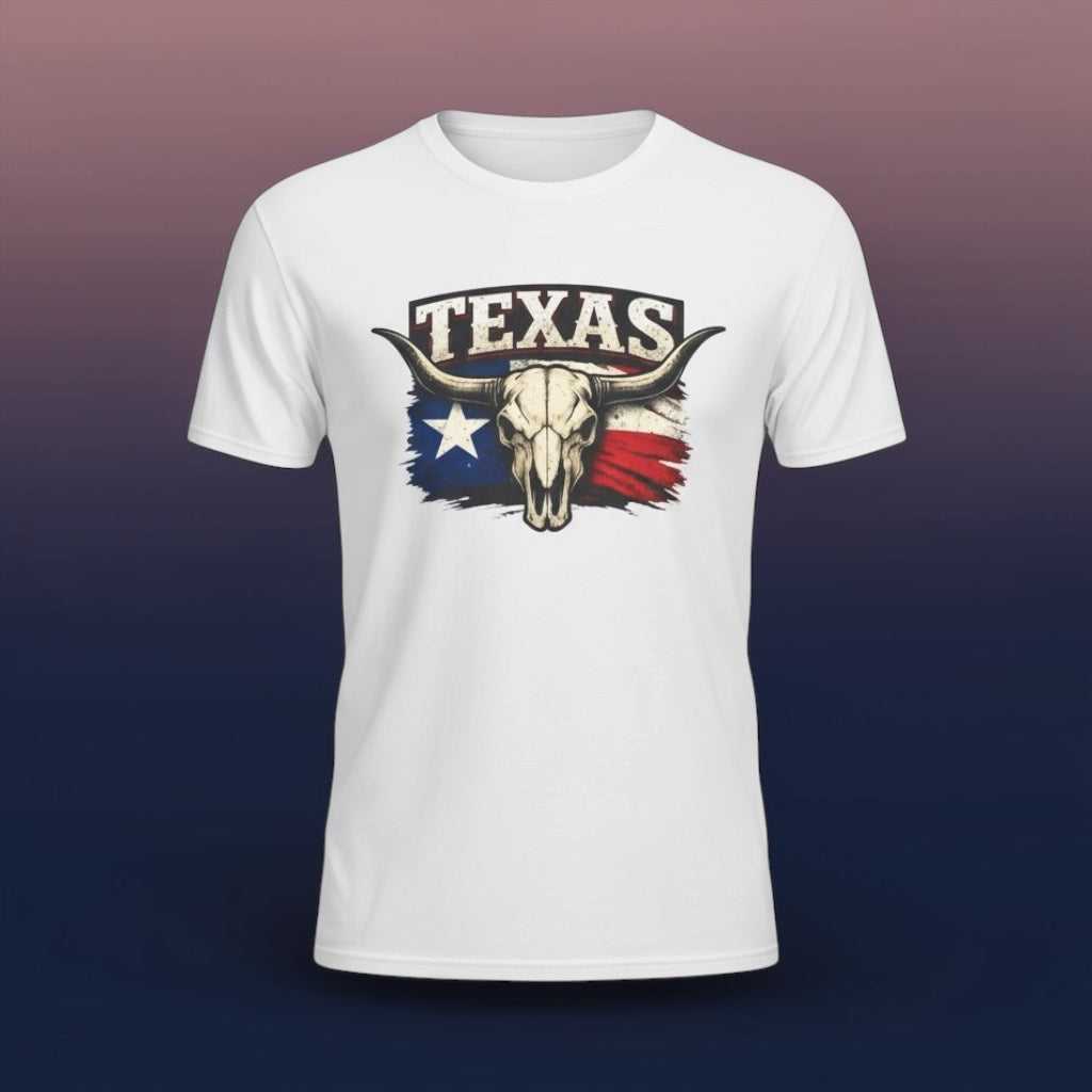 Big Sky Ranch Co. Texas Bull Skull T-Shirt featuring Lone Star Flag design with western style and bold graphic print.