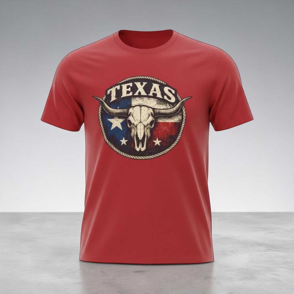 Vintage Texas Longhorn skull graphic T-shirt by Big Sky Ranch Co. featuring a Texas flag design on soft cotton fabric.