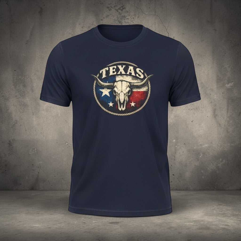 Vintage Texas Longhorn skull graphic T-shirt by Big Sky Ranch Co. featuring a Texas flag design on soft cotton fabric.