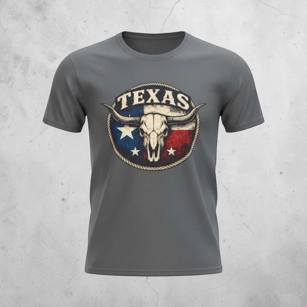 Vintage Texas Longhorn skull graphic T-shirt by Big Sky Ranch Co. featuring a Texas flag design on soft cotton fabric.