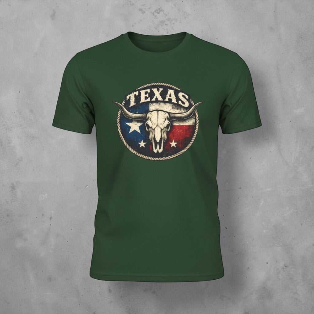 Texas Longhorn Skull T-shirt by Big Sky Ranch Co. featuring vintage Texas flag graphic on a casual tee.