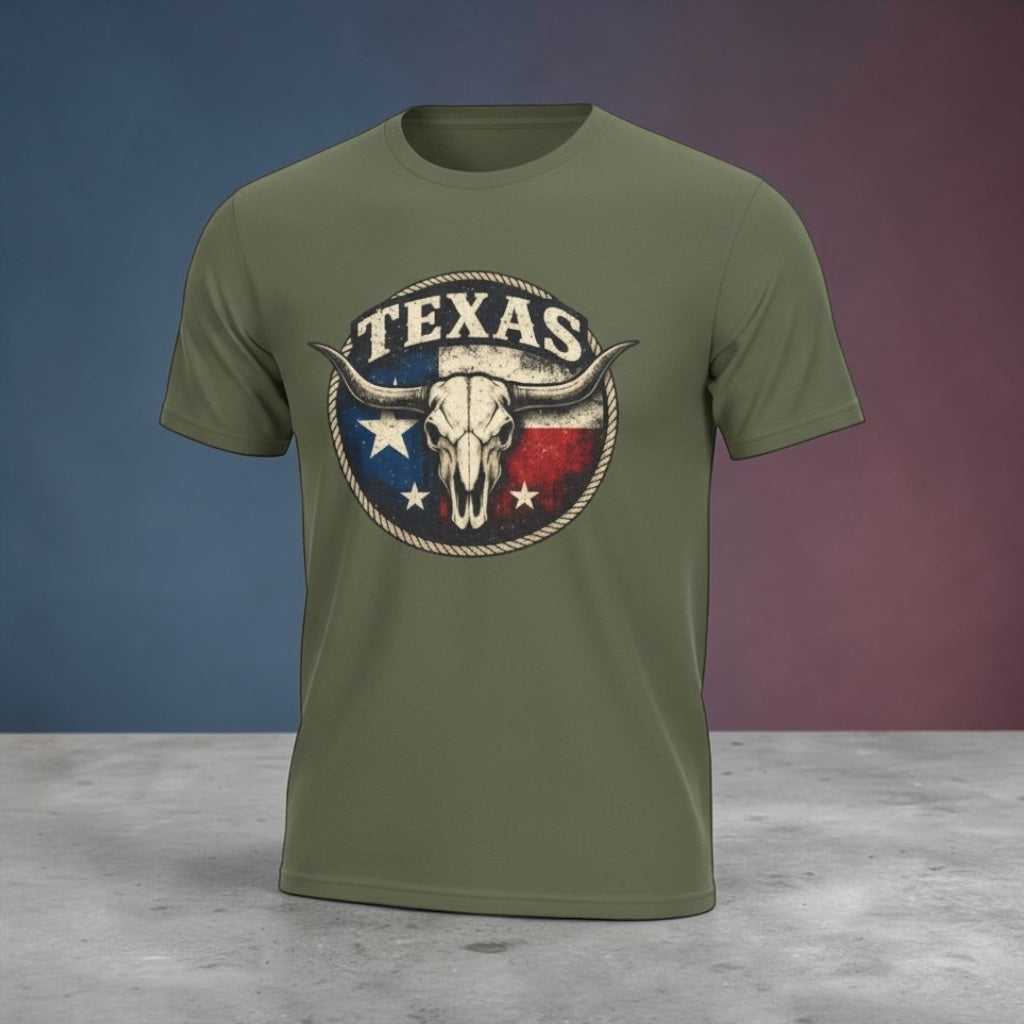 Vintage Texas Longhorn skull graphic T-shirt by Big Sky Ranch Co. featuring a Texas flag design on soft cotton fabric.