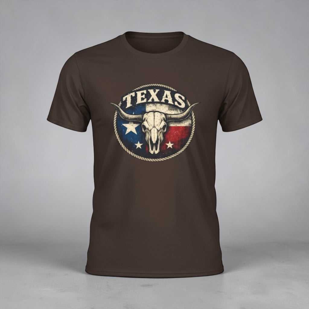 Vintage Texas Longhorn skull graphic T-shirt by Big Sky Ranch Co. featuring a Texas flag design on soft cotton fabric.