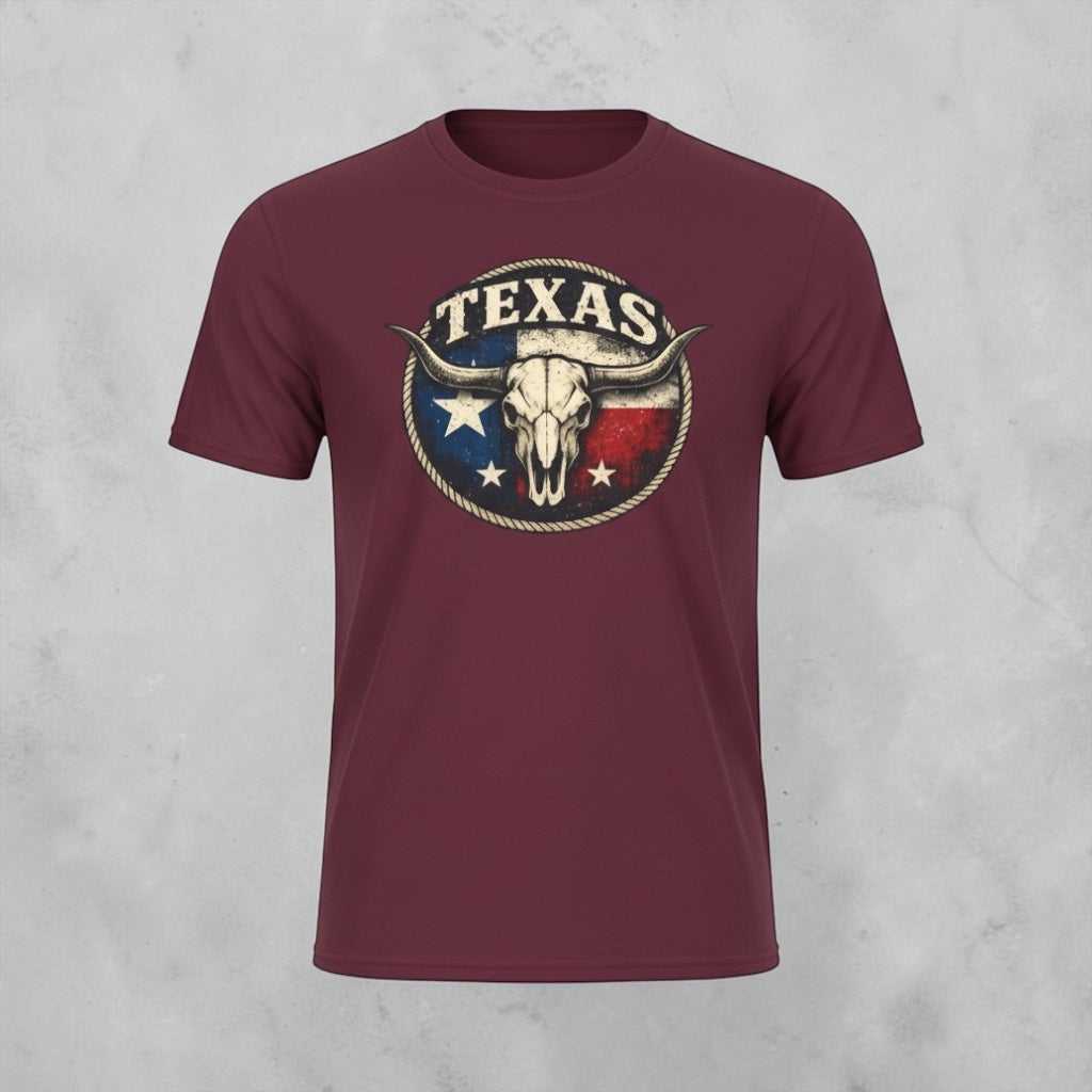 Vintage Texas Longhorn skull graphic T-shirt by Big Sky Ranch Co. featuring a Texas flag design for casual wear.