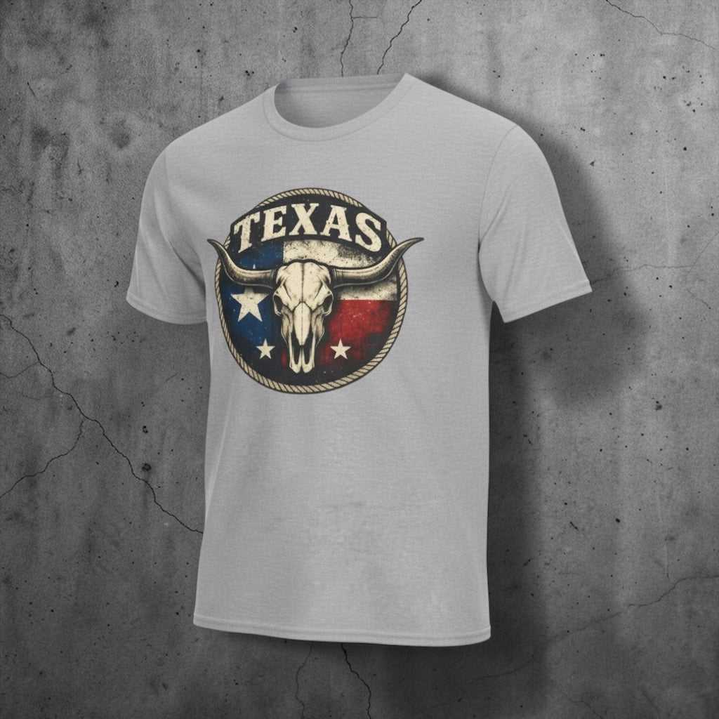 Vintage Texas Longhorn skull graphic T-shirt by Big Sky Ranch Co. featuring Texas flag design on soft fabric.
