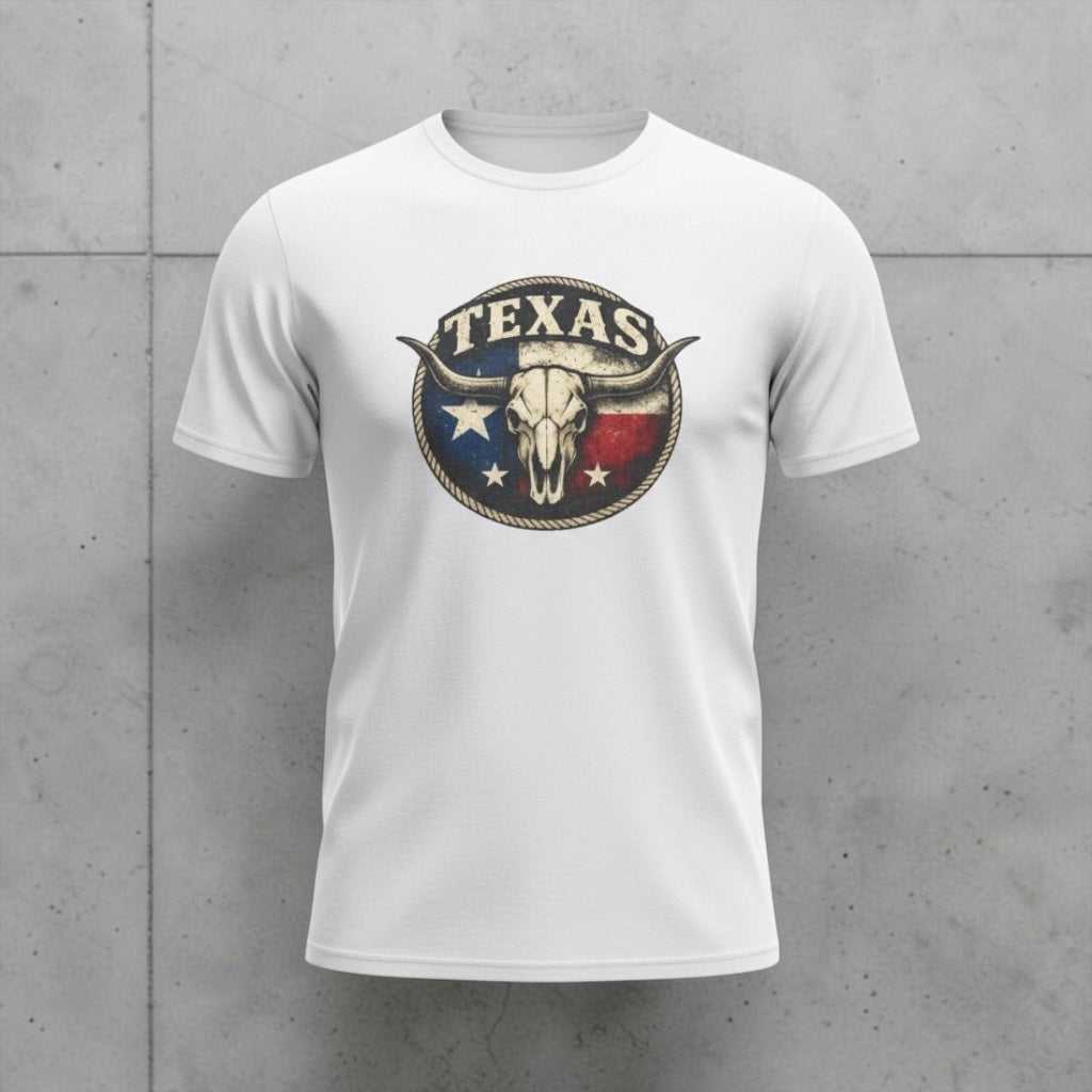 Vintage Texas Longhorn skull graphic T-shirt by Big Sky Ranch Co. featuring a Texas flag design on soft cotton fabric.