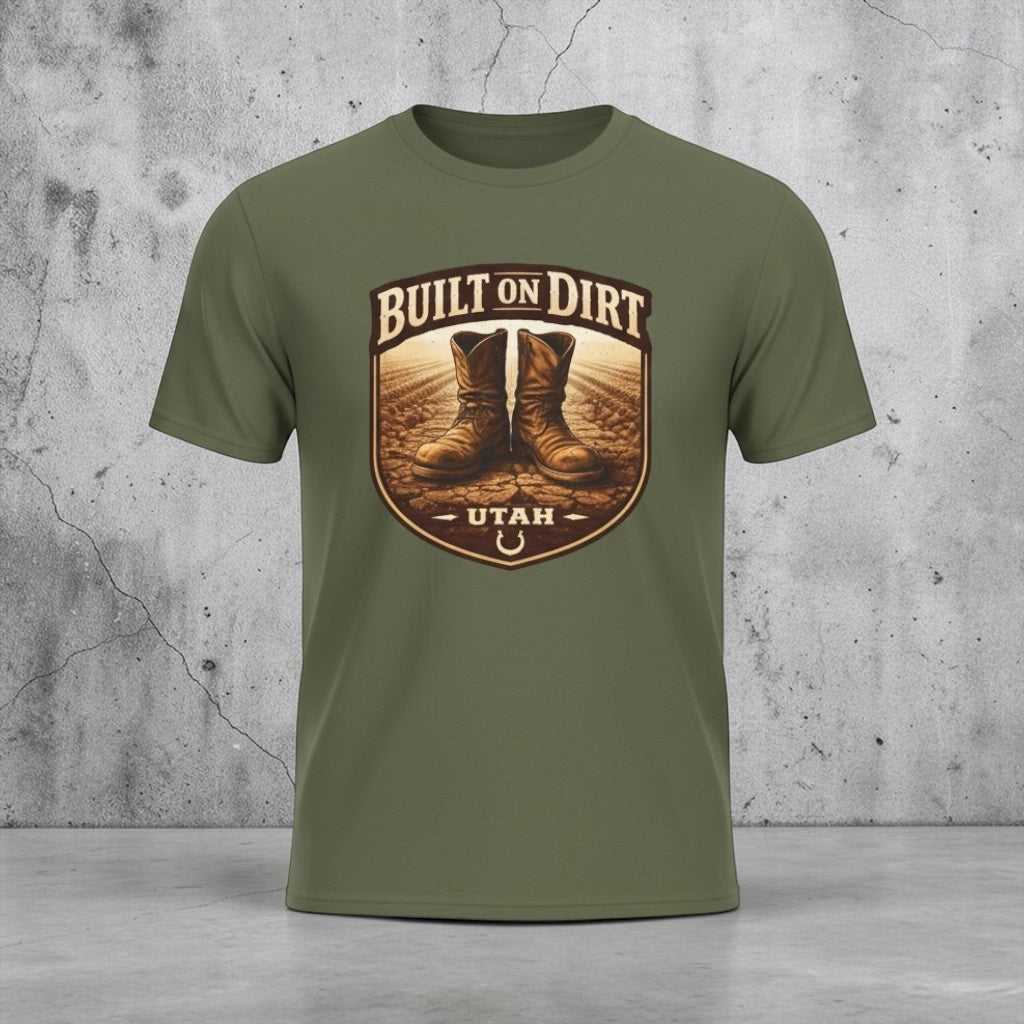 Big Sky Ranch Co. Built on Dirt Utah T-Shirt featuring vintage western boots and outdoor design, casual western-themed tee.