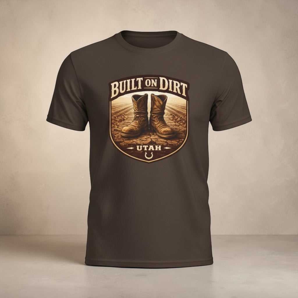 Big Sky Ranch Co. Built on Dirt Utah T-Shirt featuring vintage Western boots and outdoor design, casual western-style T-shirt.