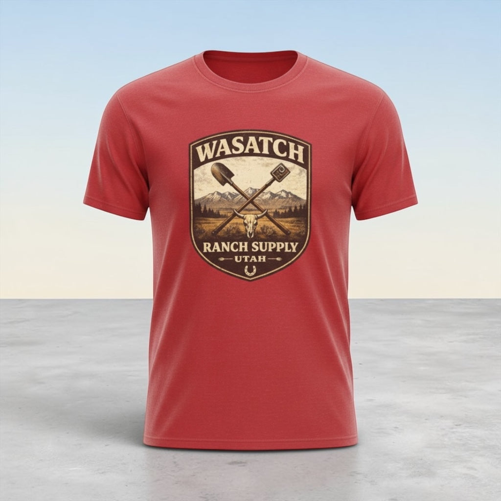 Big Sky Ranch Co. Wasatch Ranch Supply vintage Utah ranch badge T-shirt featuring classic ranch emblem and logo design.