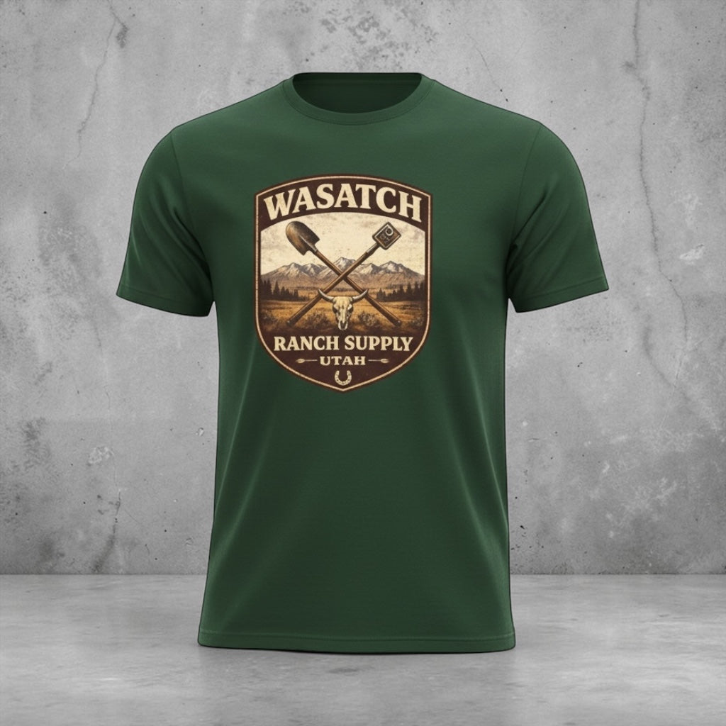 Big Sky Ranch Co. Wasatch Ranch Supply vintage Utah Ranch Badge T-Shirt featuring a classic ranch emblem on soft cotton fabric.