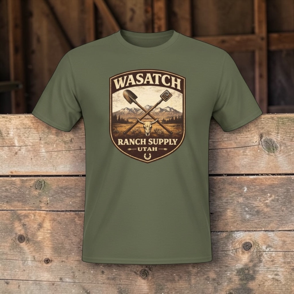 Vintage Utah Ranch Badge T-Shirt by Big Sky Ranch Co. featuring a classic ranch emblem on a comfortable cotton tee.