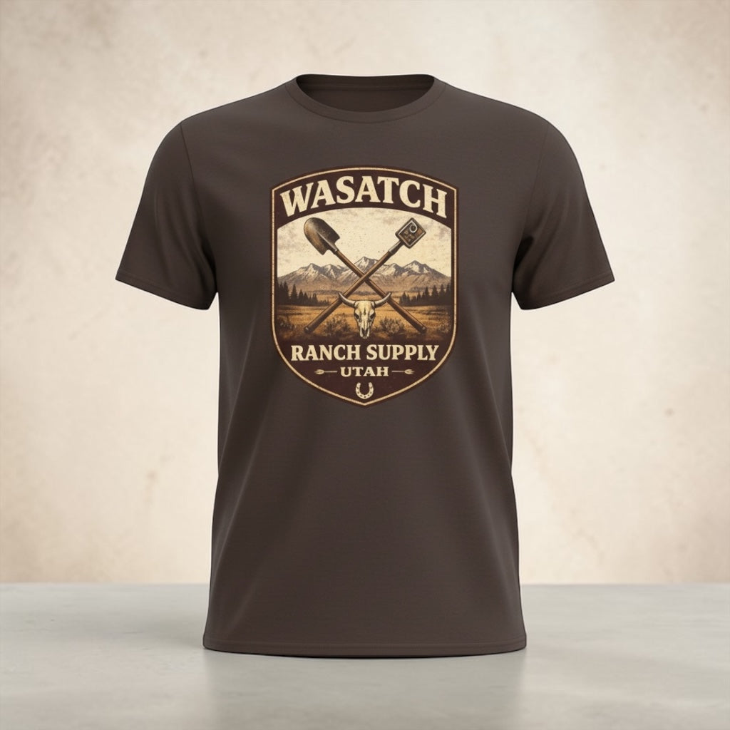 Big Sky Ranch Co. Wasatch Ranch Supply vintage Utah ranch badge T-shirt with rustic logo and classic design.