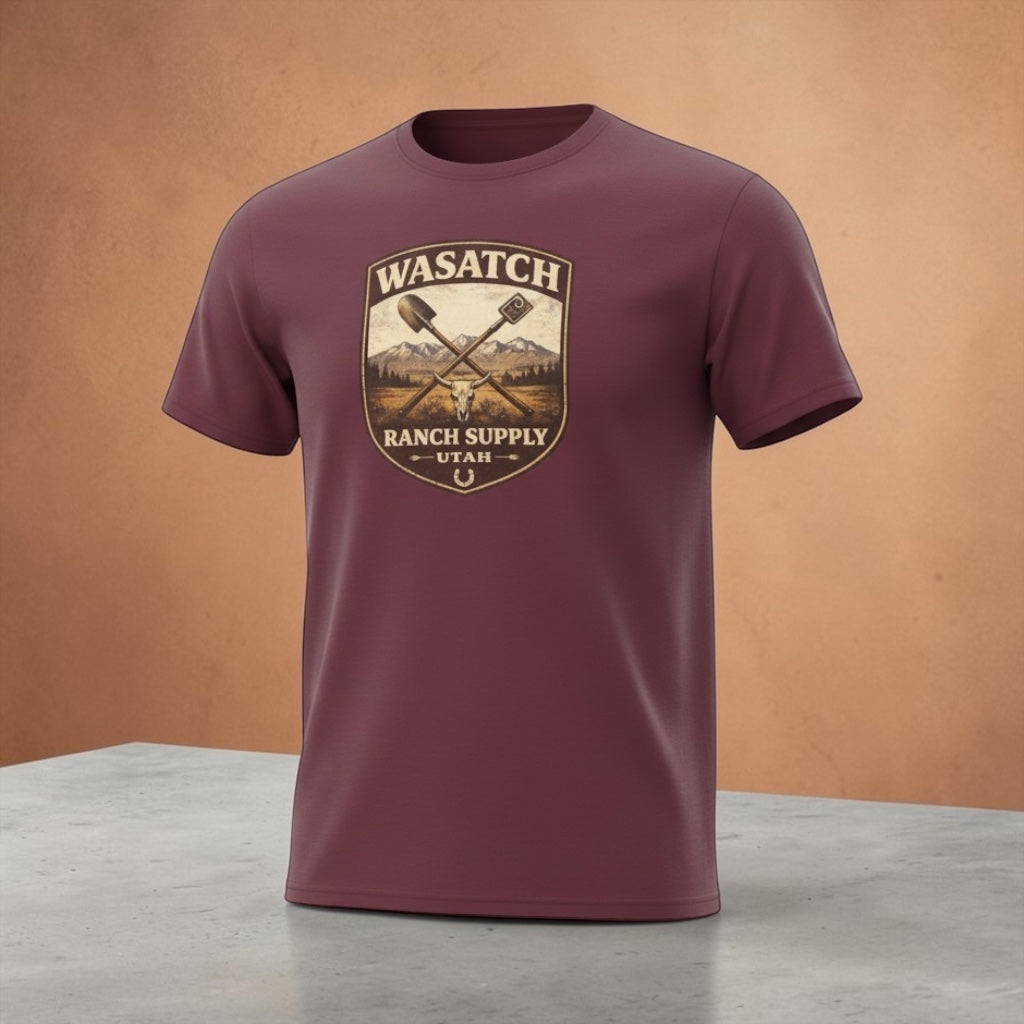Vintage Utah Ranch Badge T-Shirt by Big Sky Ranch Co., featuring a classic ranch emblem on a comfortable cotton tee.