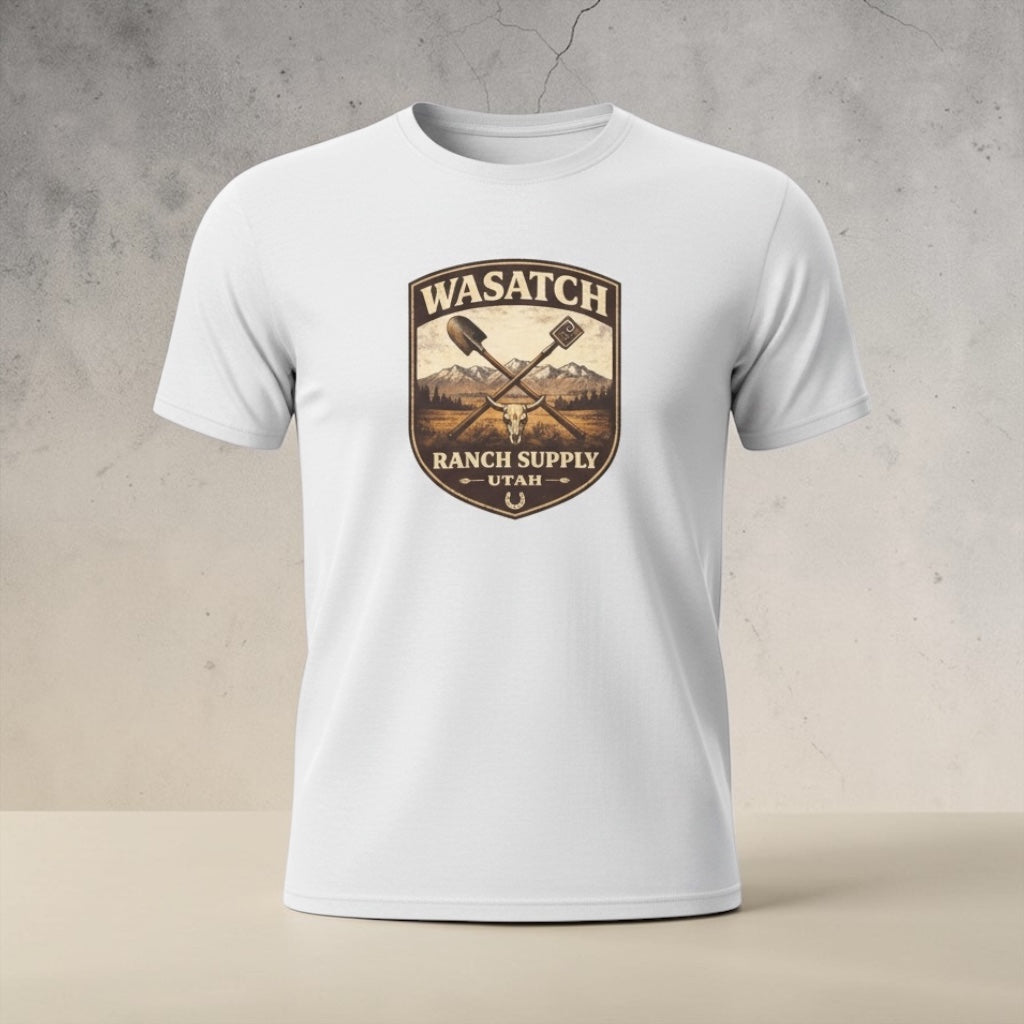 Big Sky Ranch Co. Wasatch Ranch Supply vintage Utah ranch badge T-shirt with rugged design and classic style.