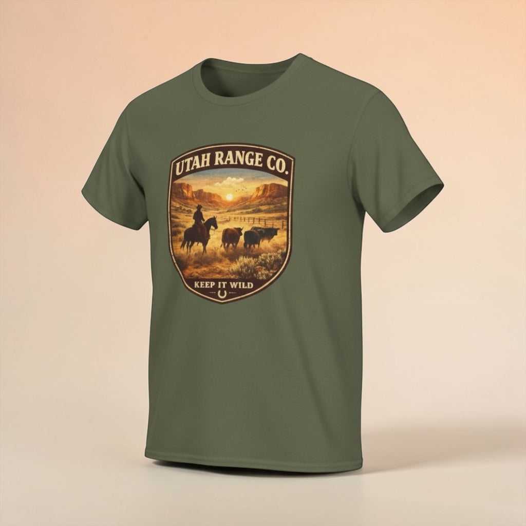 Big Sky Ranch Co. cowboy T-shirt with western ranch graphic and "Keep It Wild" slogan, featuring rustic design and bold print.
