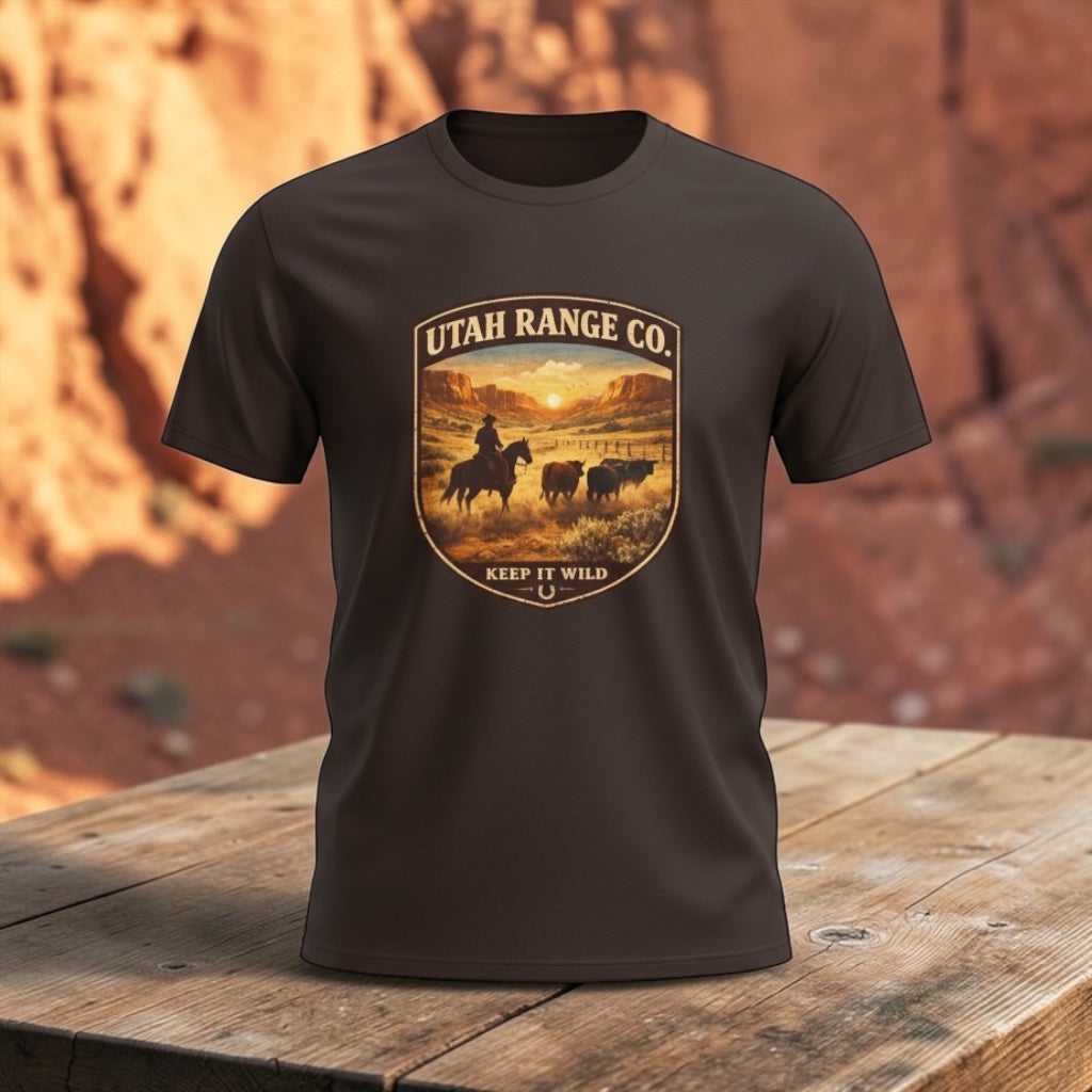 Big Sky Ranch Co. Utah Range Co. 'Keep It Wild' cowboy graphic T-shirt with western ranch design on soft cotton fabric.