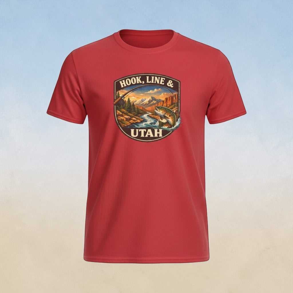 Big Sky Ranch Co. Hook, Line & Utah fishing T-shirt featuring a fishing rod and Utah landscape design on soft cotton fabric.