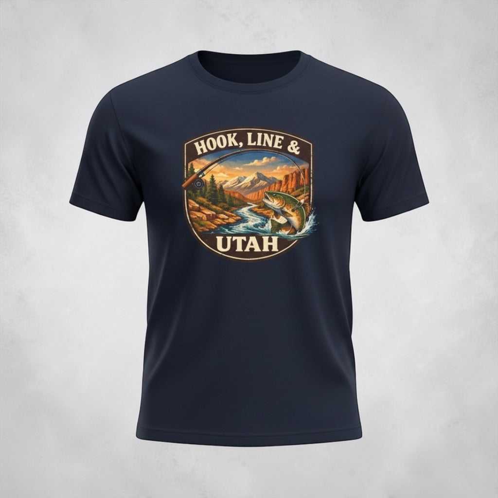 Big Sky Ranch Co. Hook, Line & Utah fishing T-shirt featuring a fishing rod and mountain landscape design.