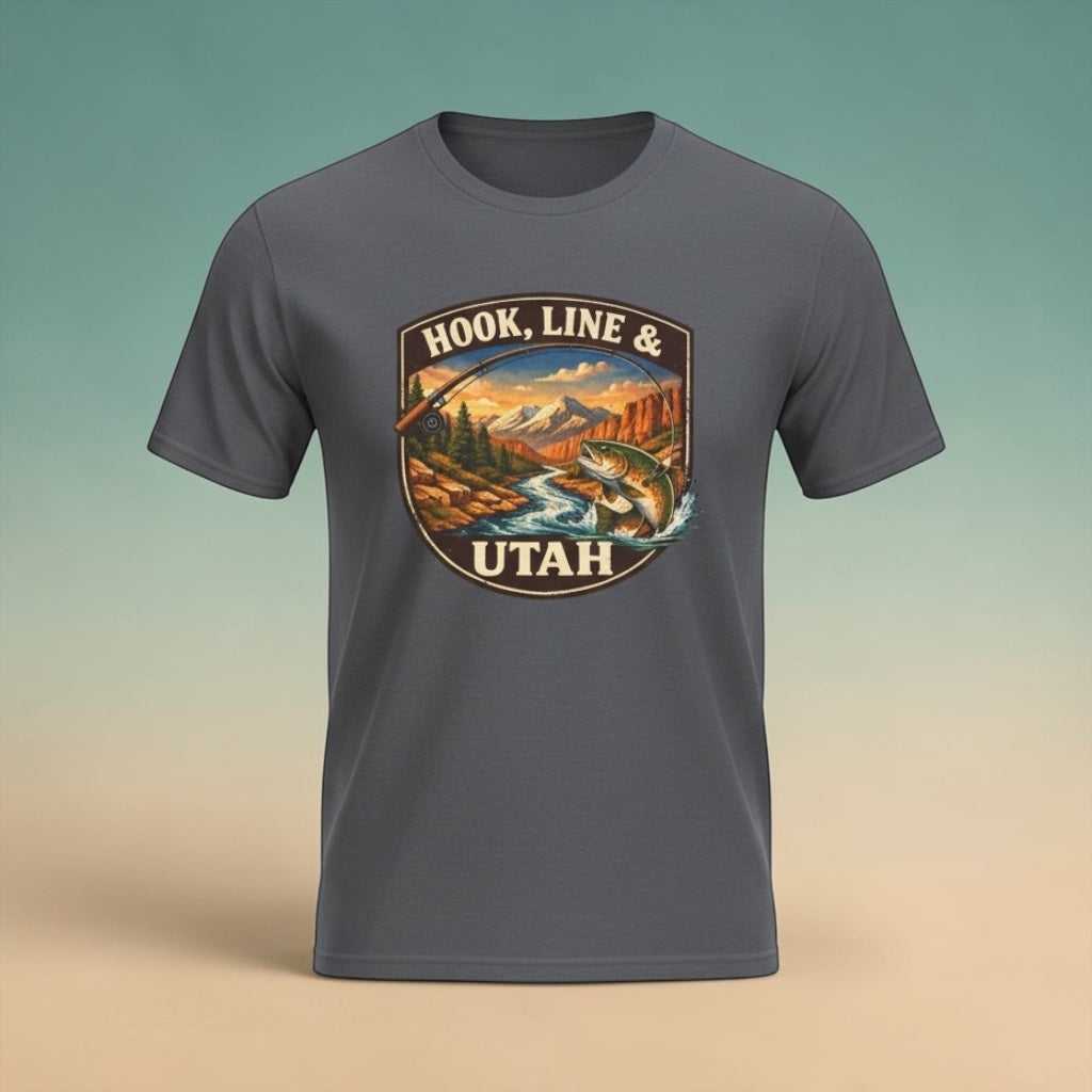 Big Sky Ranch Co. Hook, Line & Utah Fishing T-Shirt showing a casual fit and fishing-themed graphic design.