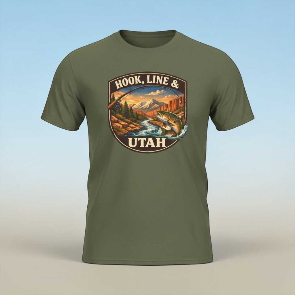Big Sky Ranch Co. Hook, Line & Utah fishing T-shirt showing a fishing-themed graphic on a casual cotton T-shirt.