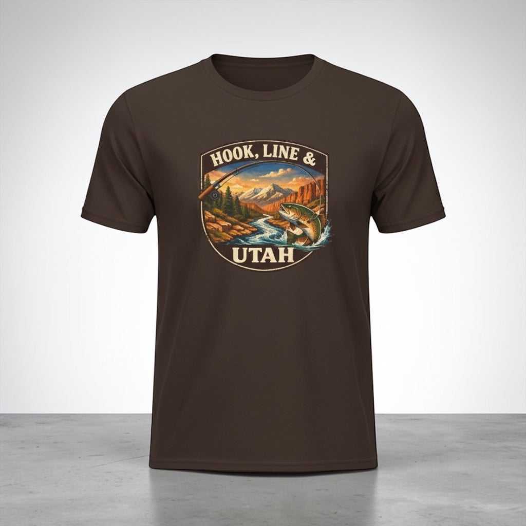 Big Sky Ranch Co. Hook, Line & Utah fishing T-shirt featuring a fishing-themed graphic on soft cotton fabric.