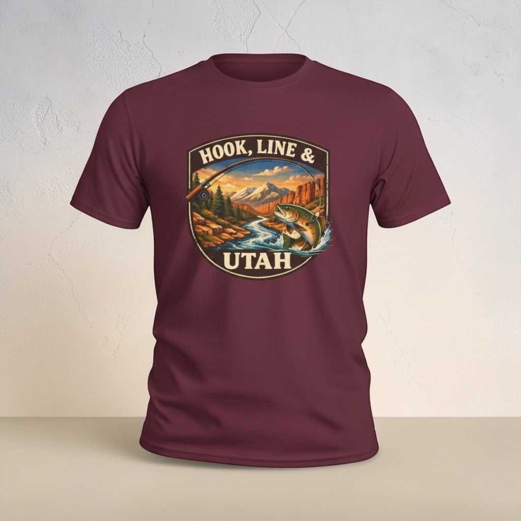 Big Sky Ranch Co. Hook, Line & Utah fishing T-shirt featuring a fishing hook and line graphic on a casual cotton tee.