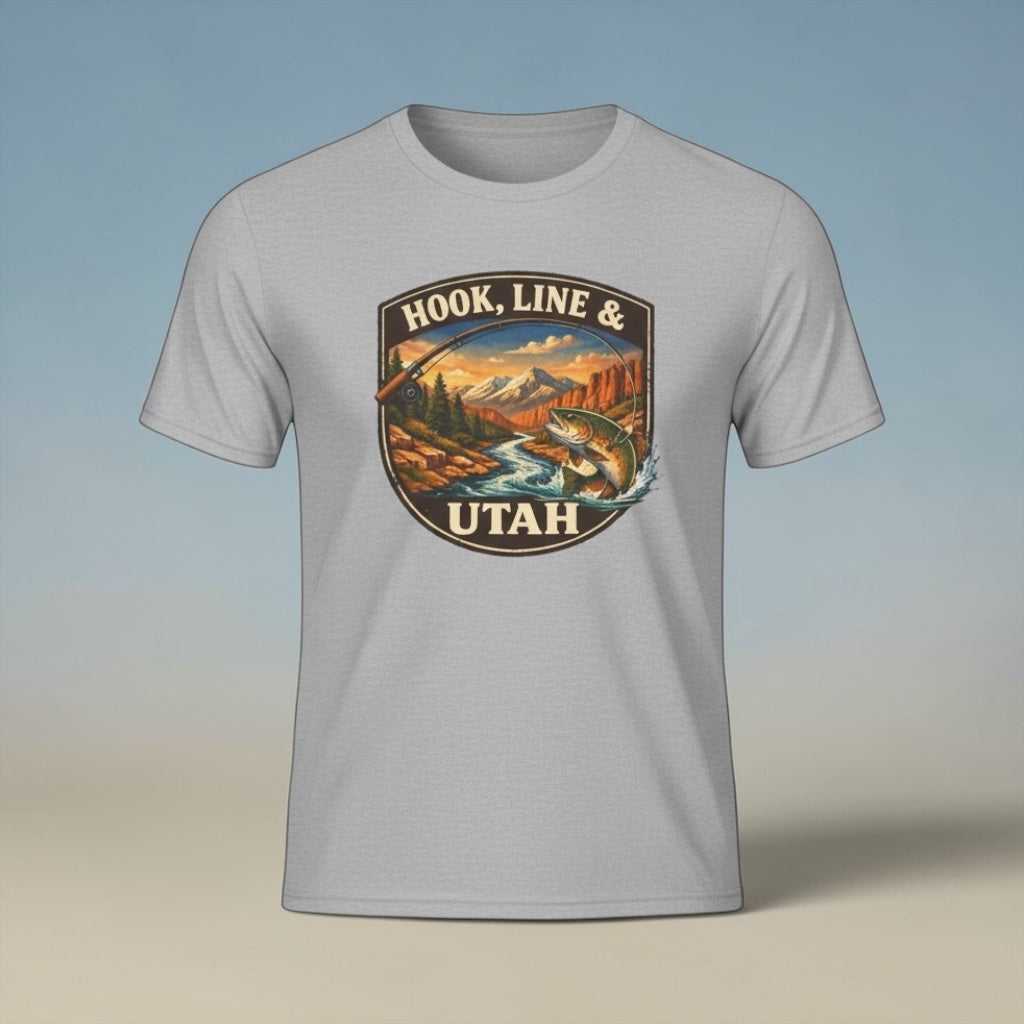 Big Sky Ranch Co. Hook, Line & Utah Fishing T-Shirt featuring fishing-themed design on soft fabric for outdoor enthusiasts.