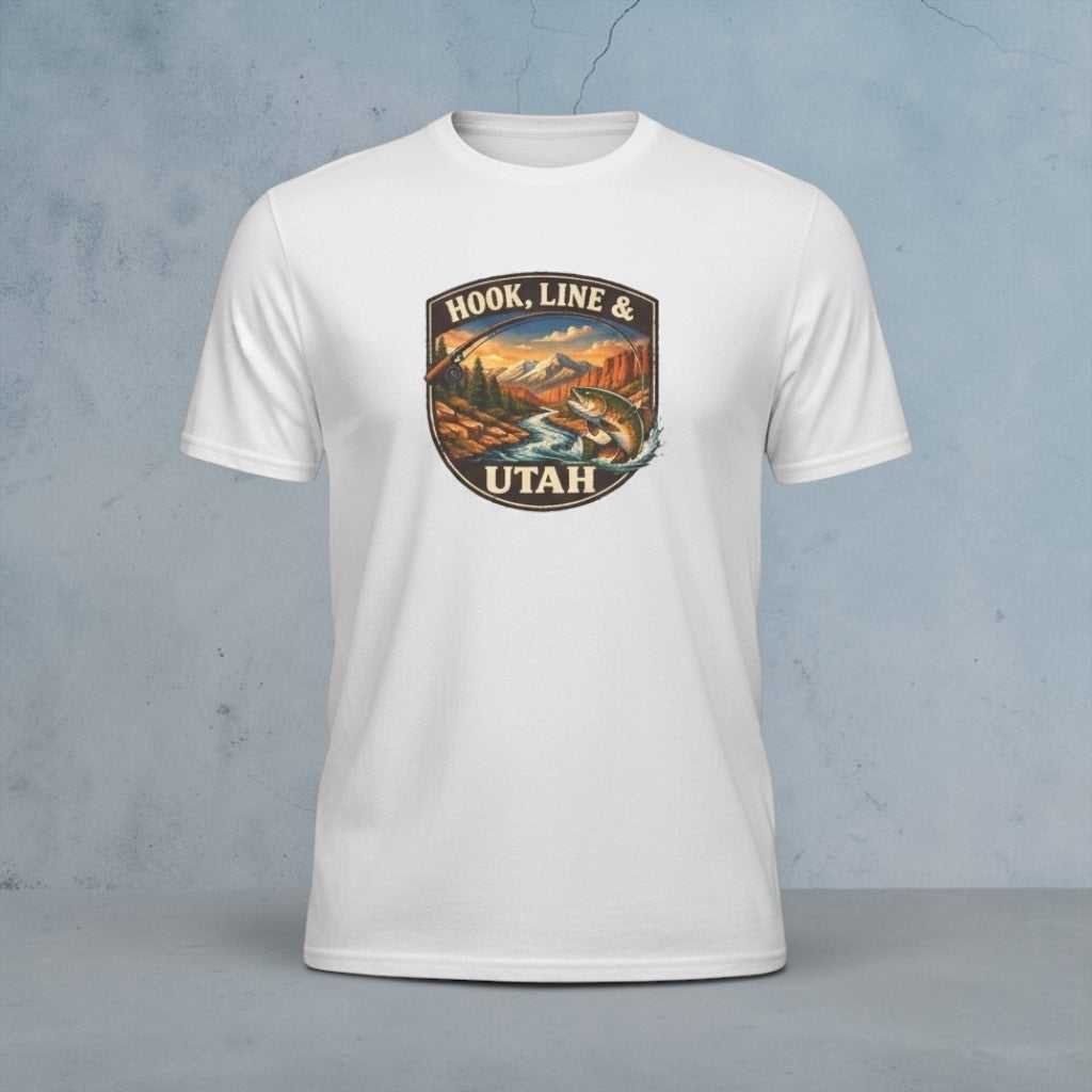 Big Sky Ranch Co. Hook, Line & Utah Fishing T-Shirt featuring a fishing-themed graphic on a casual cotton t-shirt.