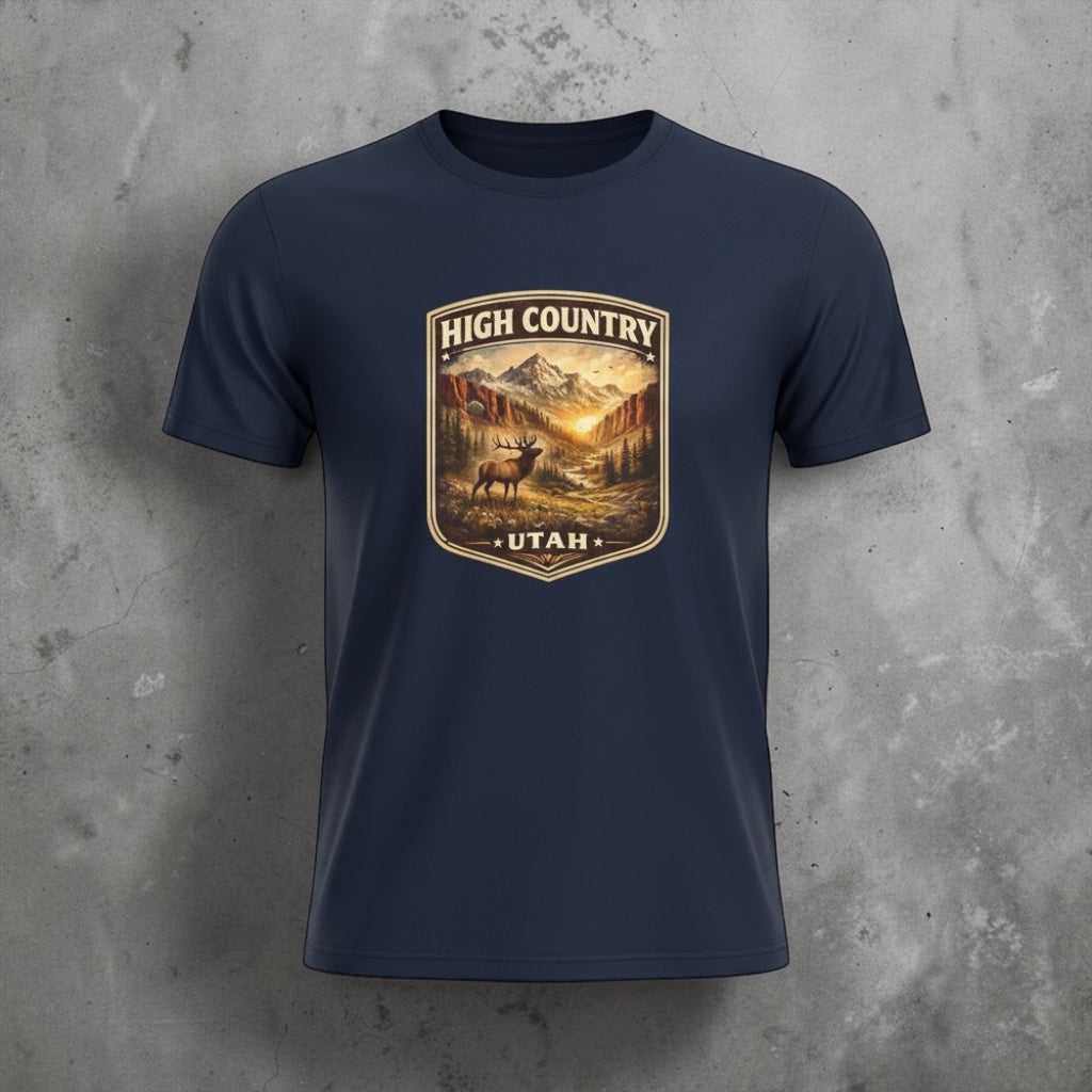 Vintage Mountain Elk graphic T-shirt by Big Sky Ranch Co., featuring a mountain and elk design on a high country Utah-themed tee.